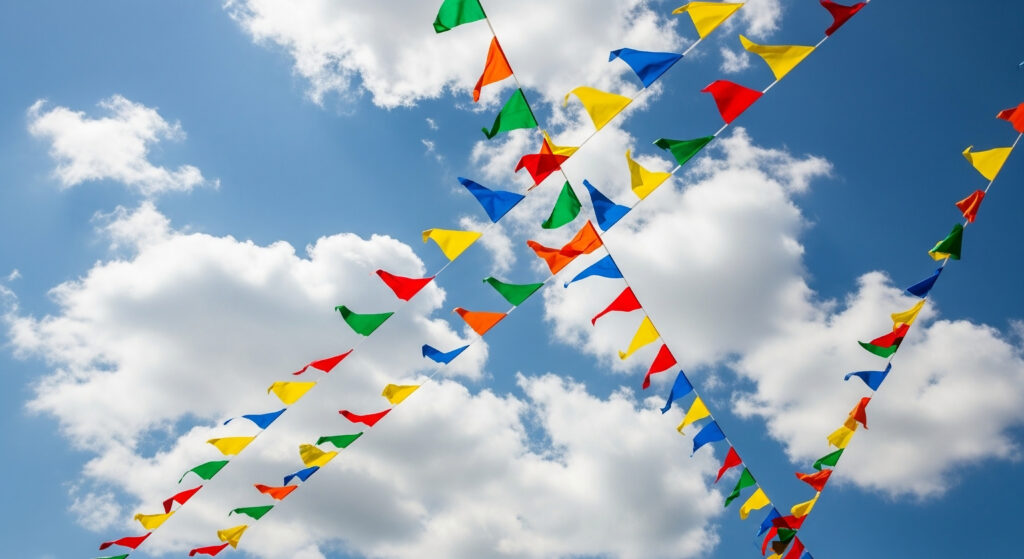 Colorful flags on a line in front of a blue sky with clouds